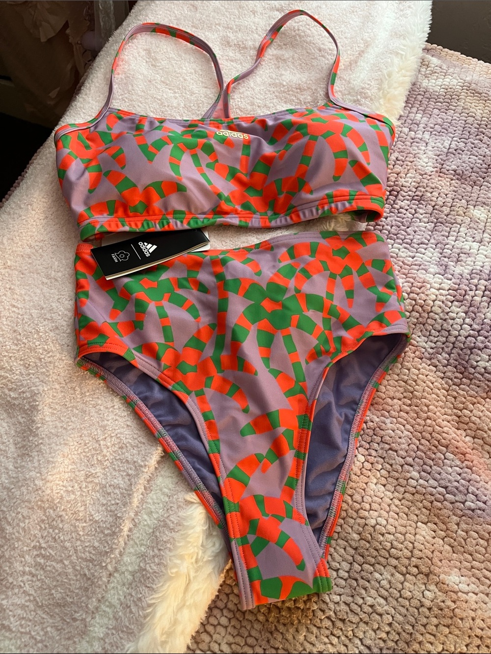 adidas Lavender Bikini Set with Orange & Green Print (small top, large bottom)